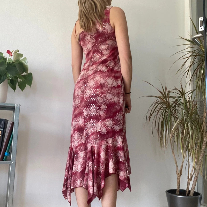 Burgundy Floral Asymmetric Midi Dress Y2K Romantic Evening Statement