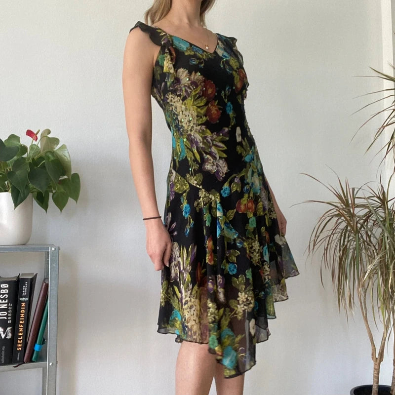 Black Sheer Floral Dress Romantic Chiffon Ruffle Evening Party Dress