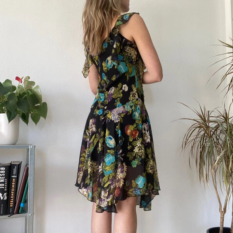 Black Sheer Floral Dress Romantic Chiffon Ruffle Evening Party Dress