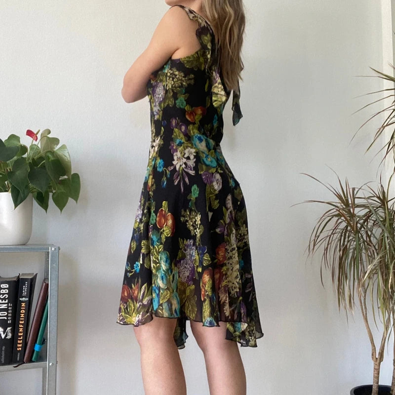 Black Sheer Floral Dress Romantic Chiffon Ruffle Evening Party Dress