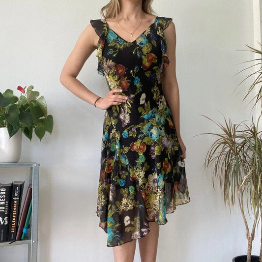 Black Sheer Floral Dress Romantic Chiffon Ruffle Evening Party Dress
