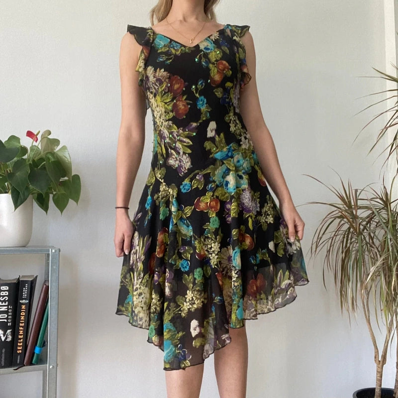 Black Sheer Floral Dress Romantic Chiffon Ruffle Evening Party Dress