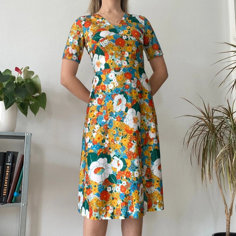 Vintage 70s Style Floral Midi Dress Bright Boho Summer Tea Dress