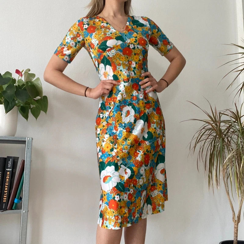 Vintage 70s Style Floral Midi Dress Bright Boho Summer Tea Dress