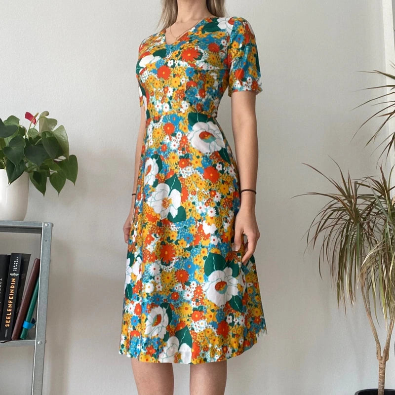 Vintage 70s Style Floral Midi Dress Bright Boho Summer Tea Dress