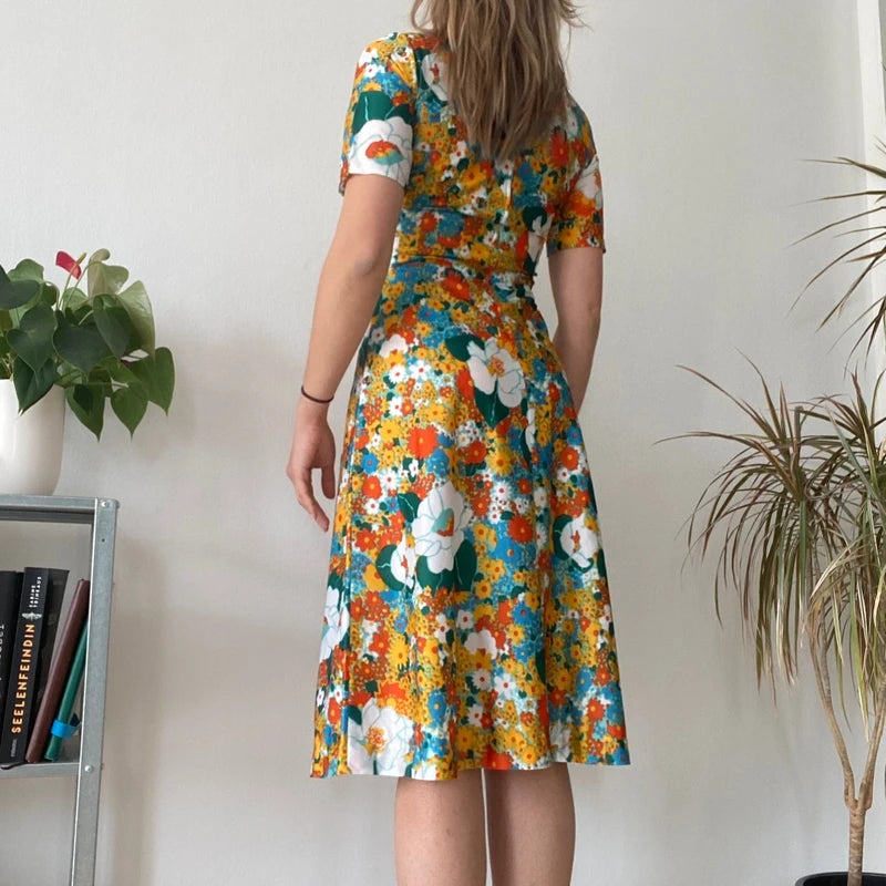 Vintage 70s Style Floral Midi Dress Bright Boho Summer Tea Dress