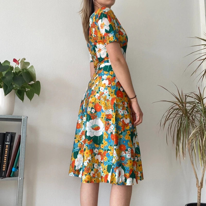 Vintage 70s Style Floral Midi Dress Bright Boho Summer Tea Dress