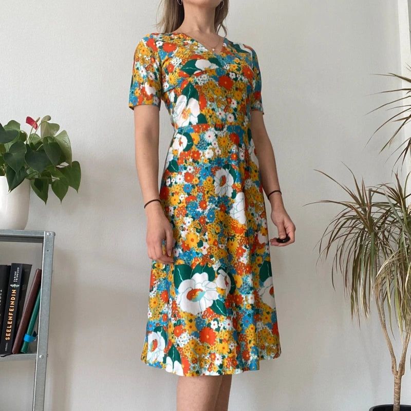 Vintage 70s Style Floral Midi Dress Bright Boho Summer Tea Dress