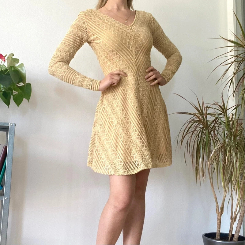 Yellow Lace Long Sleeve Mini Dress Romantic Coquette Aesthetic