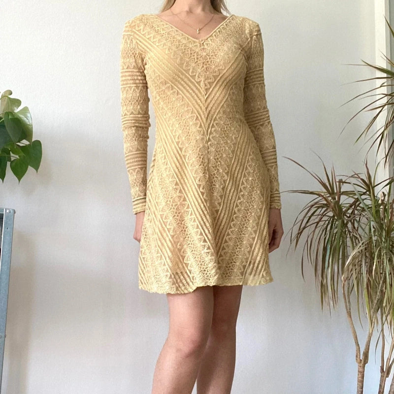 Yellow Lace Long Sleeve Mini Dress Romantic Coquette Aesthetic