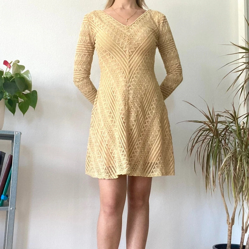 Yellow Lace Long Sleeve Mini Dress Romantic Coquette Aesthetic