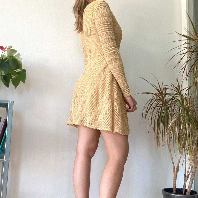 Yellow Lace Long Sleeve Mini Dress Romantic Coquette Aesthetic