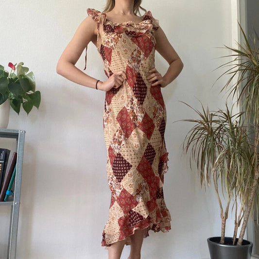 Vintage Y2K Patchwork Ruffle Maxi Dress Boho Fairycore Brown