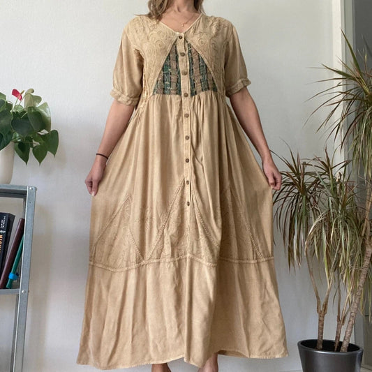 Vintage Beige Boho Maxi Dress Embroidered Cotton Festival Tan