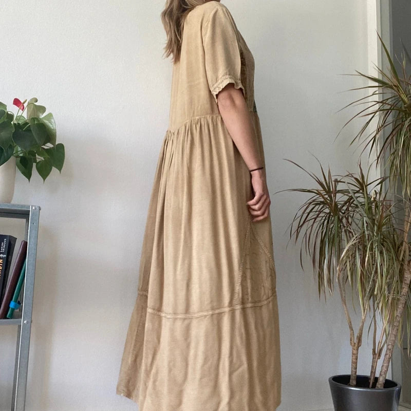 Vintage Beige Boho Maxi Dress Embroidered Cotton Festival Tan