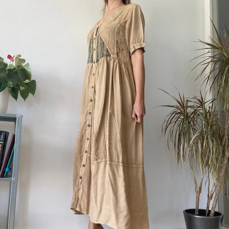 Vintage Beige Boho Maxi Dress Embroidered Cotton Festival Tan
