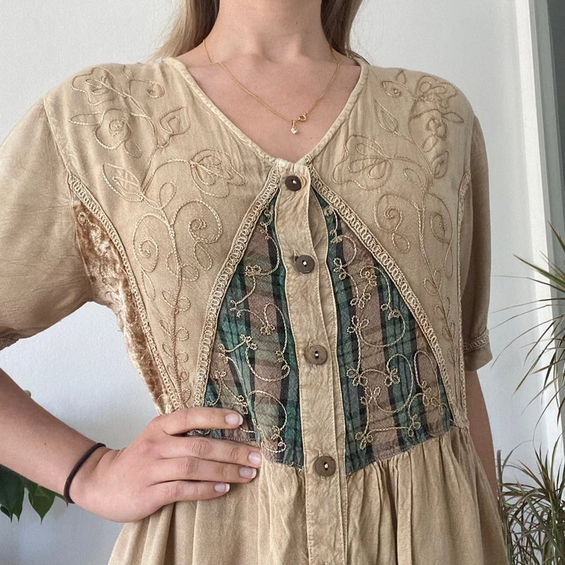 Vintage Beige Boho Maxi Dress Embroidered Cotton Festival Tan