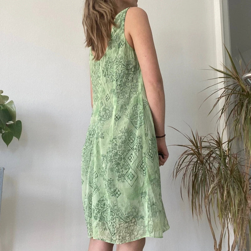 Vintage Sage Green Sleeveless Shift Dress 90s Minimalist Pattern
