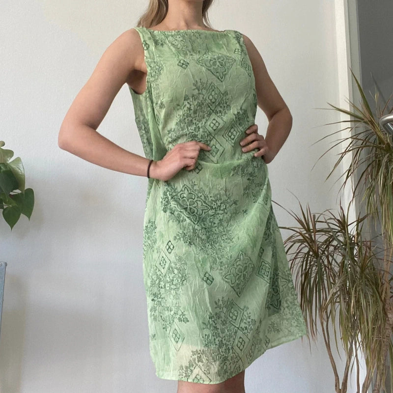 Vintage Sage Green Sleeveless Shift Dress 90s Minimalist Pattern