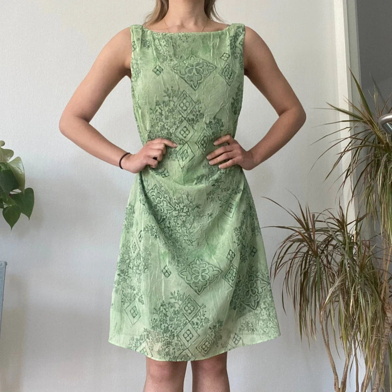 Vintage Sage Green Sleeveless Shift Dress 90s Minimalist Pattern