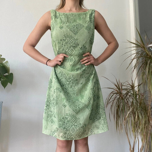 Vintage Sage Green Sleeveless Shift Dress 90s Minimalist Pattern