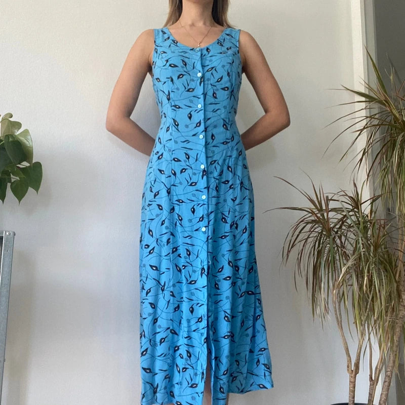 Bright Blue Floral Button Down Maxi Dress 90s Vintage Sleeveless
