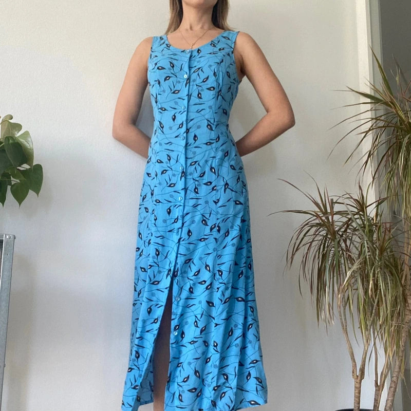 Bright Blue Floral Button Down Maxi Dress 90s Vintage Sleeveless