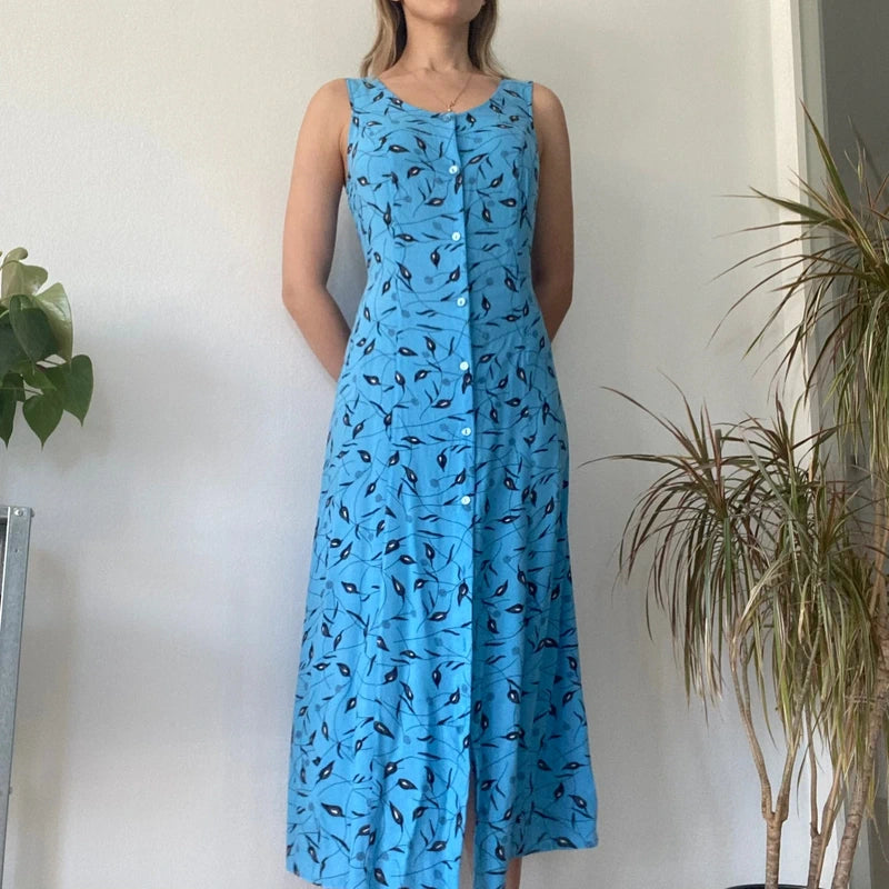 Bright Blue Floral Button Down Maxi Dress 90s Vintage Sleeveless