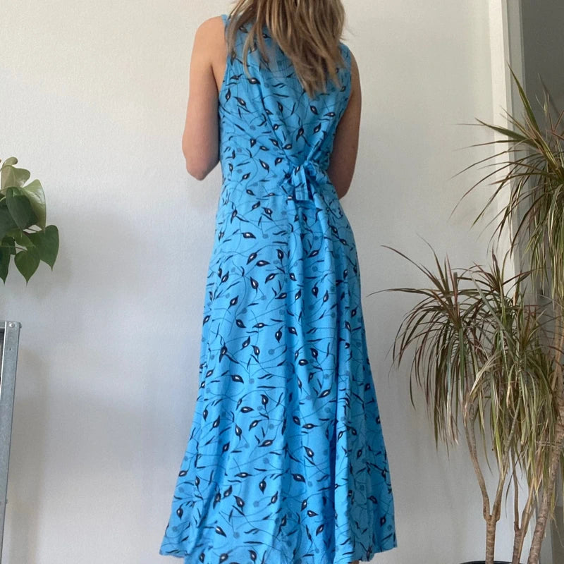 Bright Blue Floral Button Down Maxi Dress 90s Vintage Sleeveless