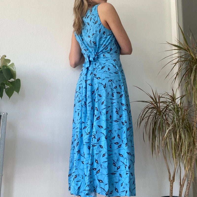 Bright Blue Floral Button Down Maxi Dress 90s Vintage Sleeveless