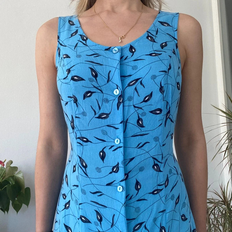 Bright Blue Floral Button Down Maxi Dress 90s Vintage Sleeveless