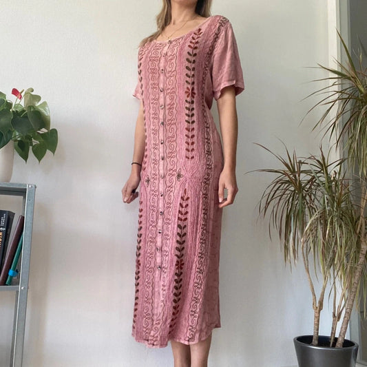 Free size Dusty Rose Embroidered Midi Dress Boho Cottagecore Pink
