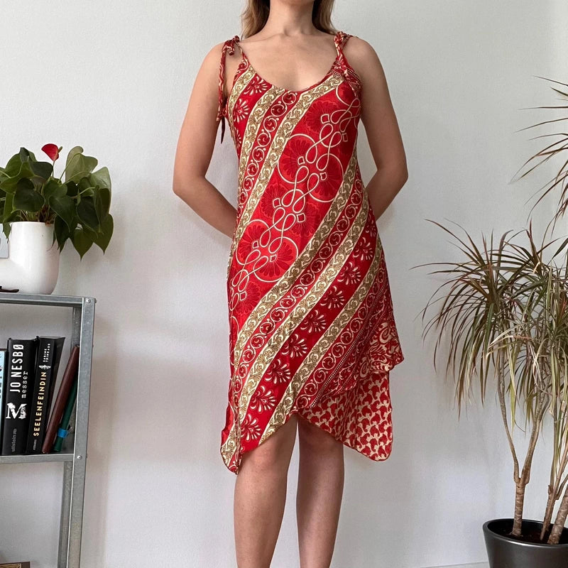 Silk boho red midi dress asymmetric- Size M