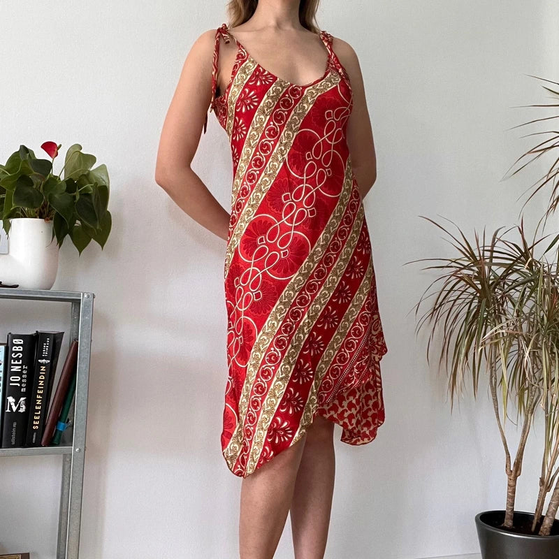 Silk boho red midi dress asymmetric- Size M