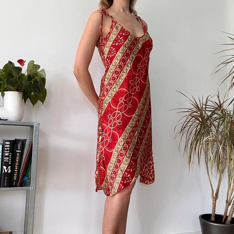 Silk boho red midi dress asymmetric- Size M