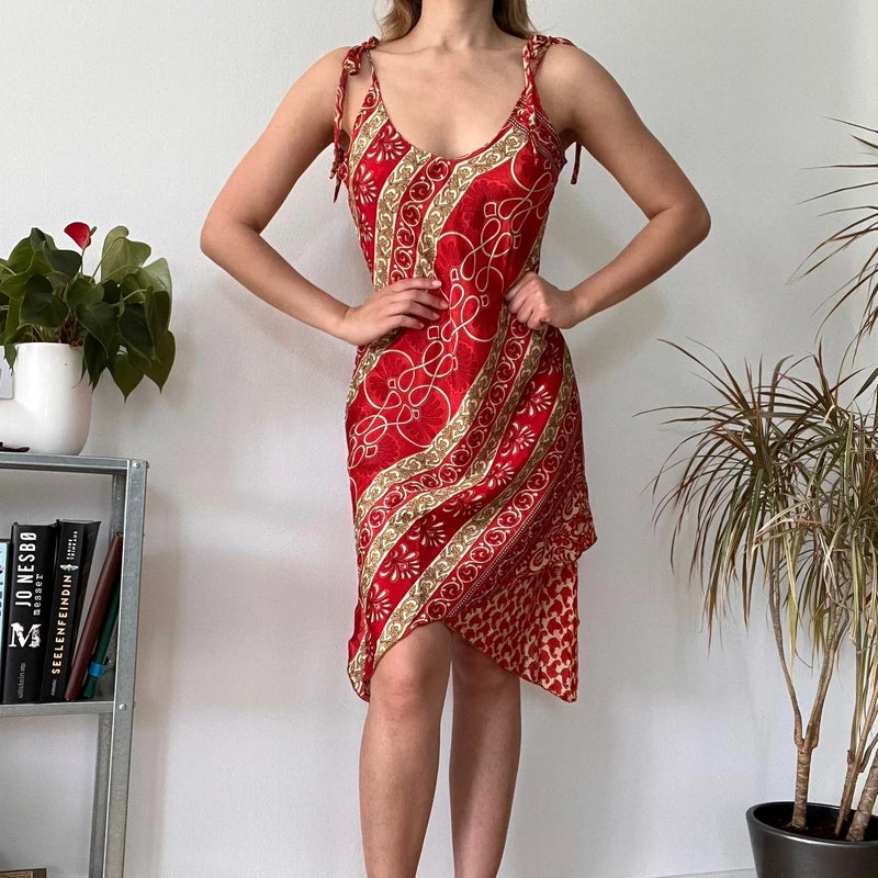 Silk boho red midi dress asymmetric- Size M