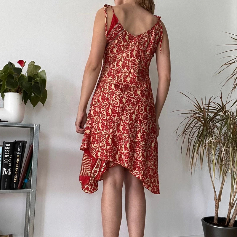 Silk boho red midi dress asymmetric- Size M