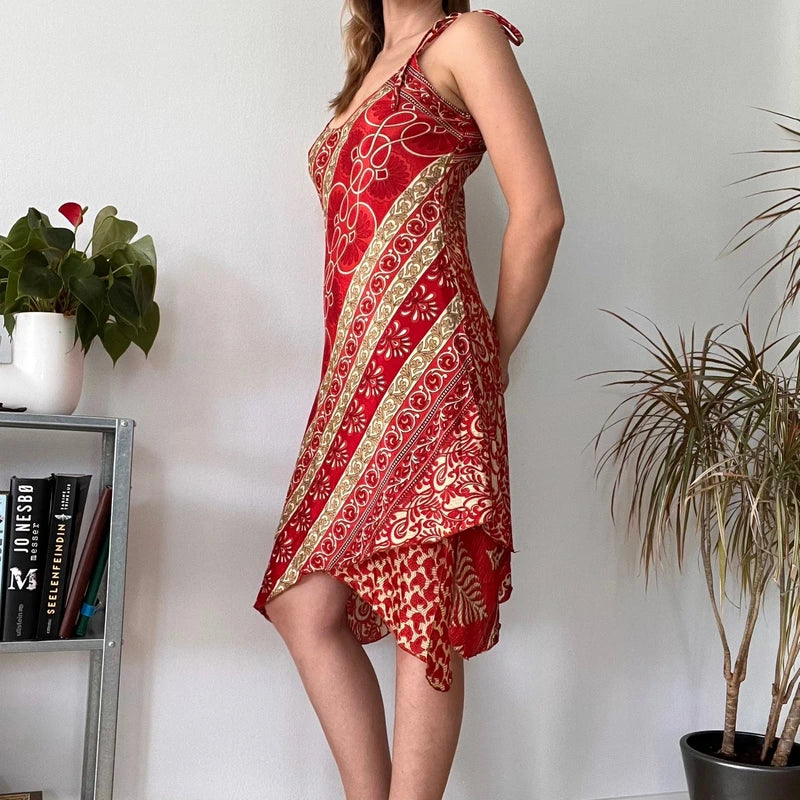 Silk boho red midi dress asymmetric- Size M