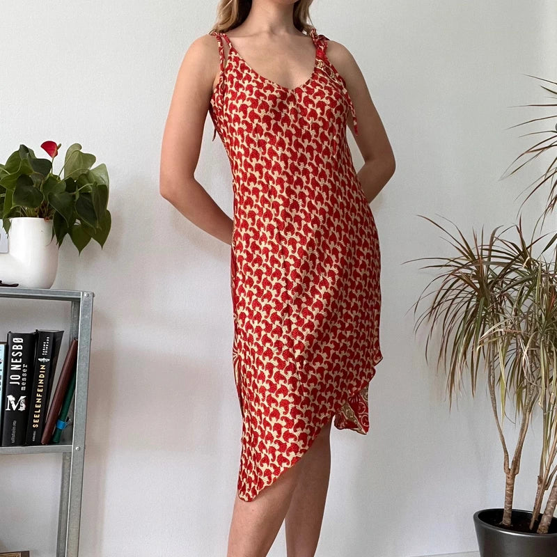 Silk boho red midi dress asymmetric- Size M