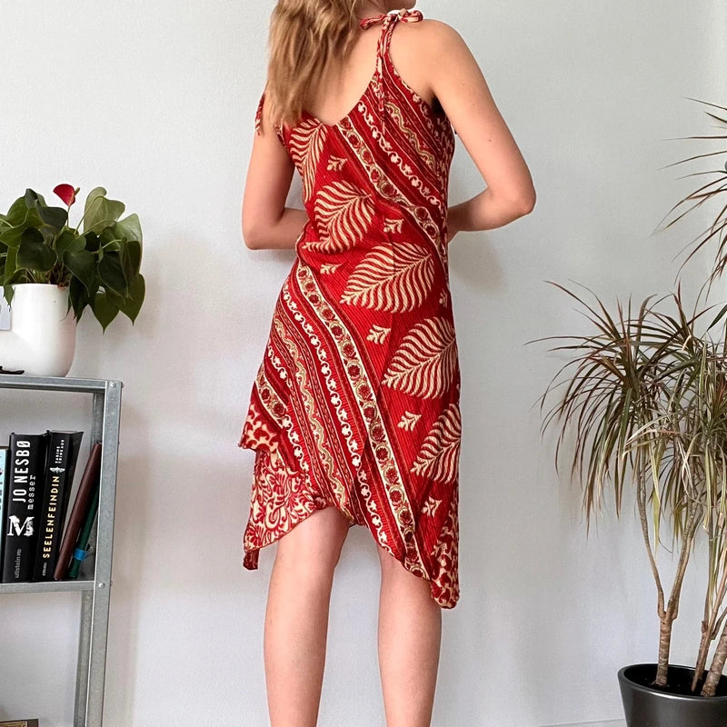 Silk boho red midi dress asymmetric- Size M