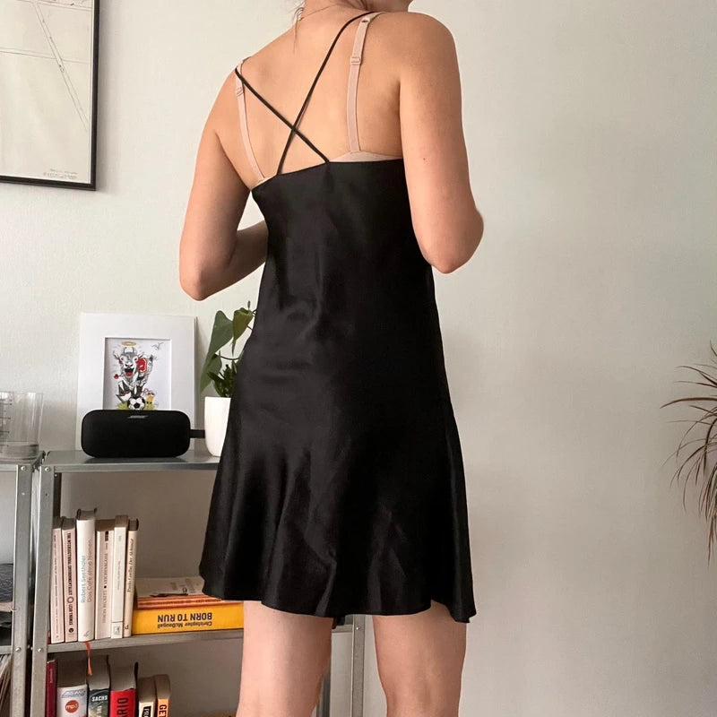Black Satin Slip Dress Minimalist Y2K Party Evening-Size 38