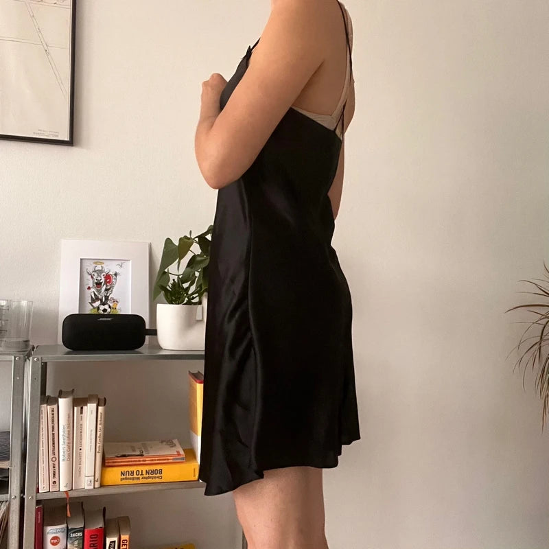 Black Satin Slip Dress Minimalist Y2K Party Evening-Size 38