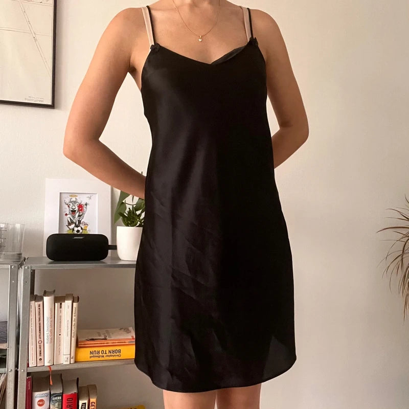 Black Satin Slip Dress Minimalist Y2K Party Evening-Size 38