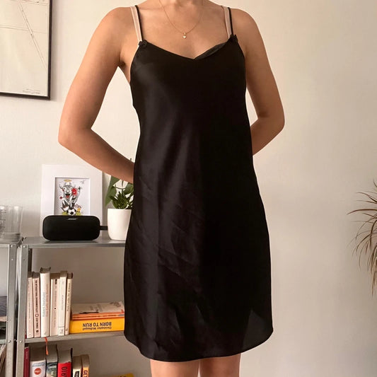 Black Satin Slip Dress Minimalist Y2K Party Evening-Size 38