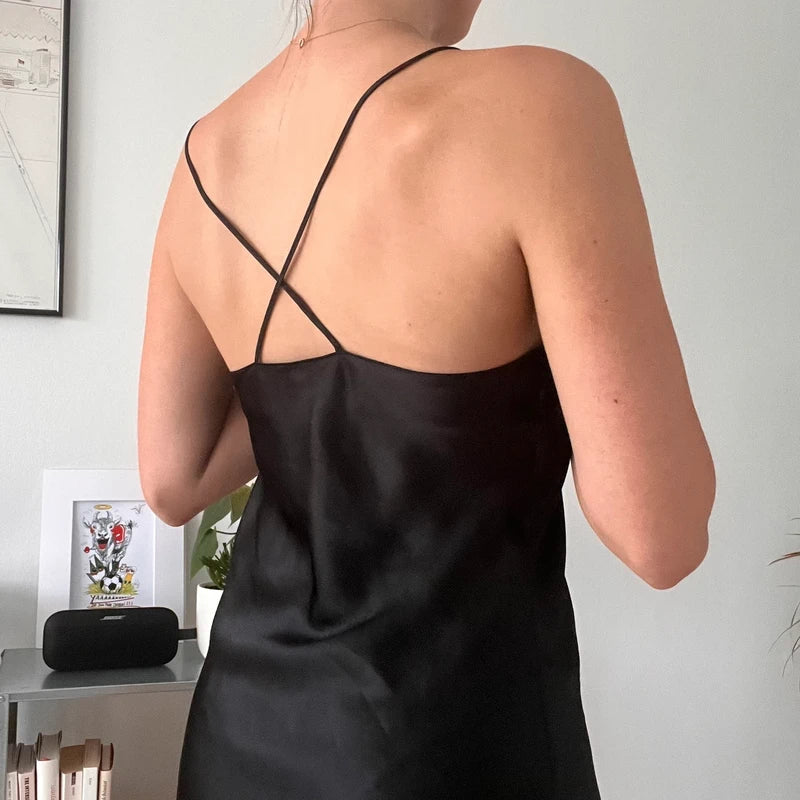 Black Satin Slip Dress Minimalist Y2K Party Evening-Size 38