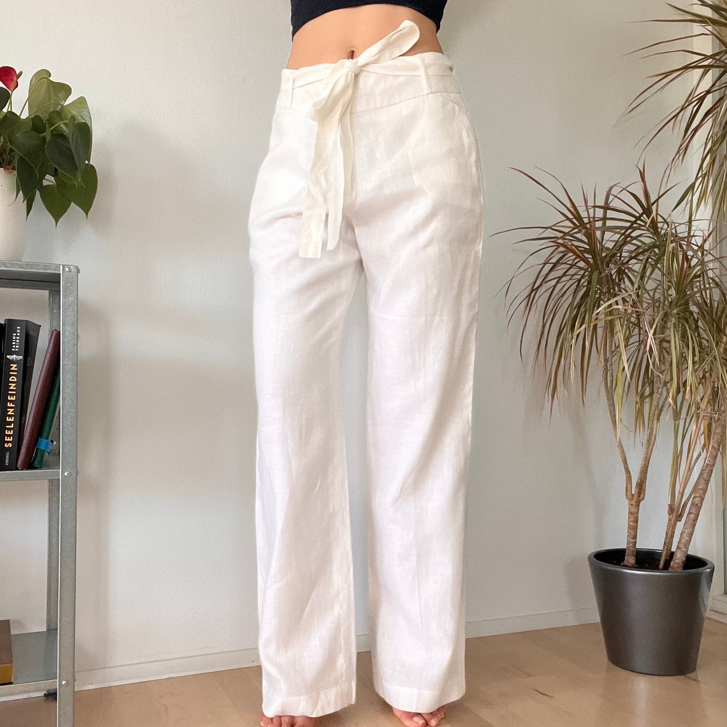 Wide linen long white trousers-XL