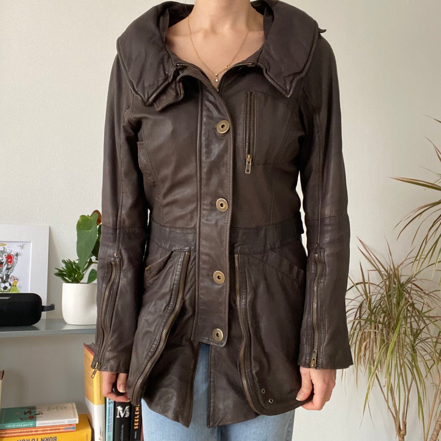 Unisex cinched waist Brown Leather Jacket
