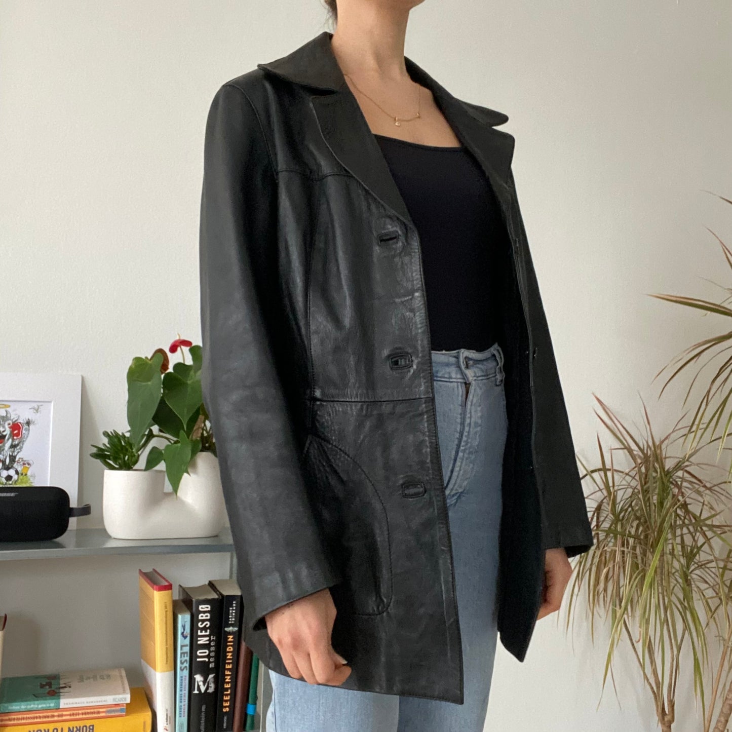 Mid-length black leather jackets 90s size 50