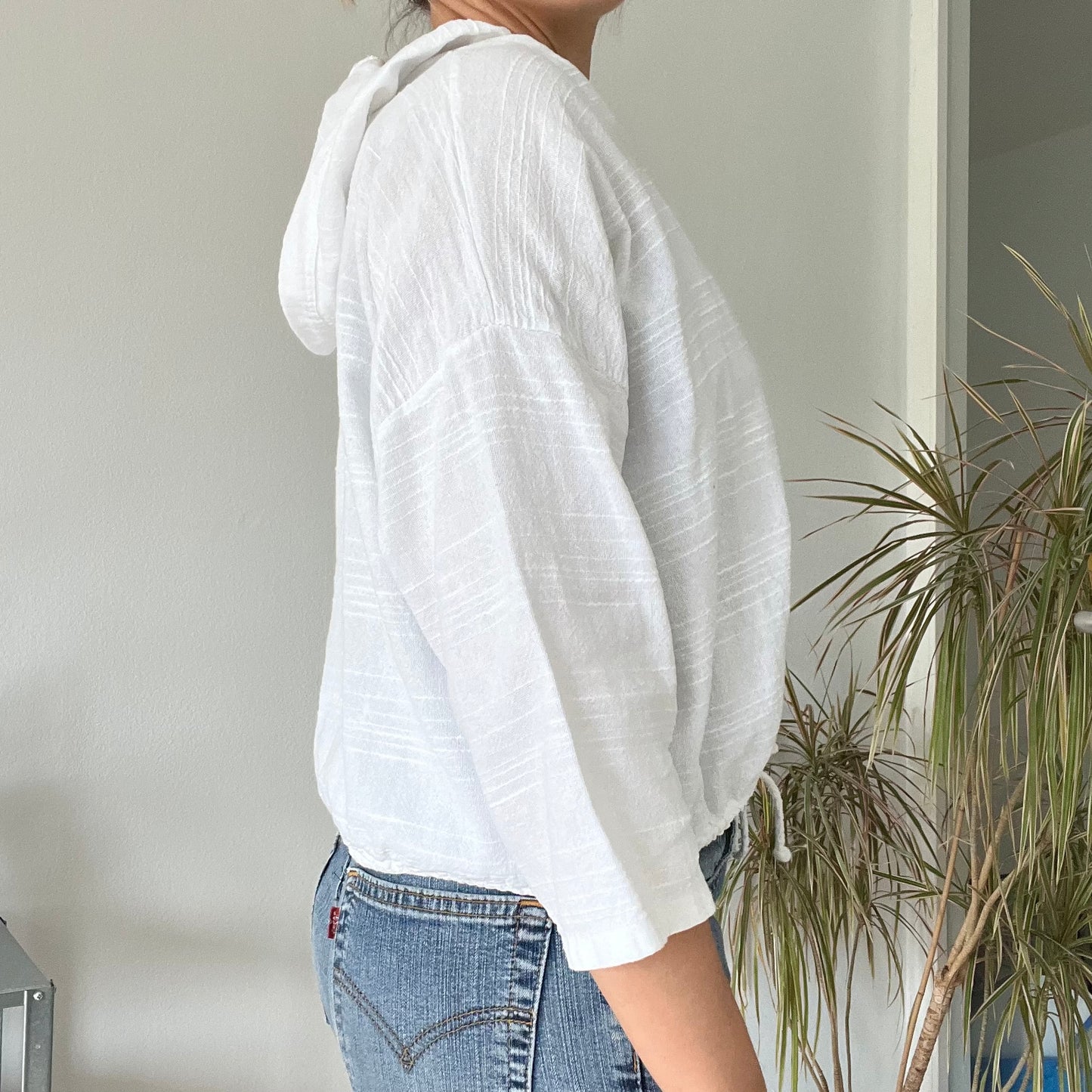 hooded cotton gauze button-down top-Free size