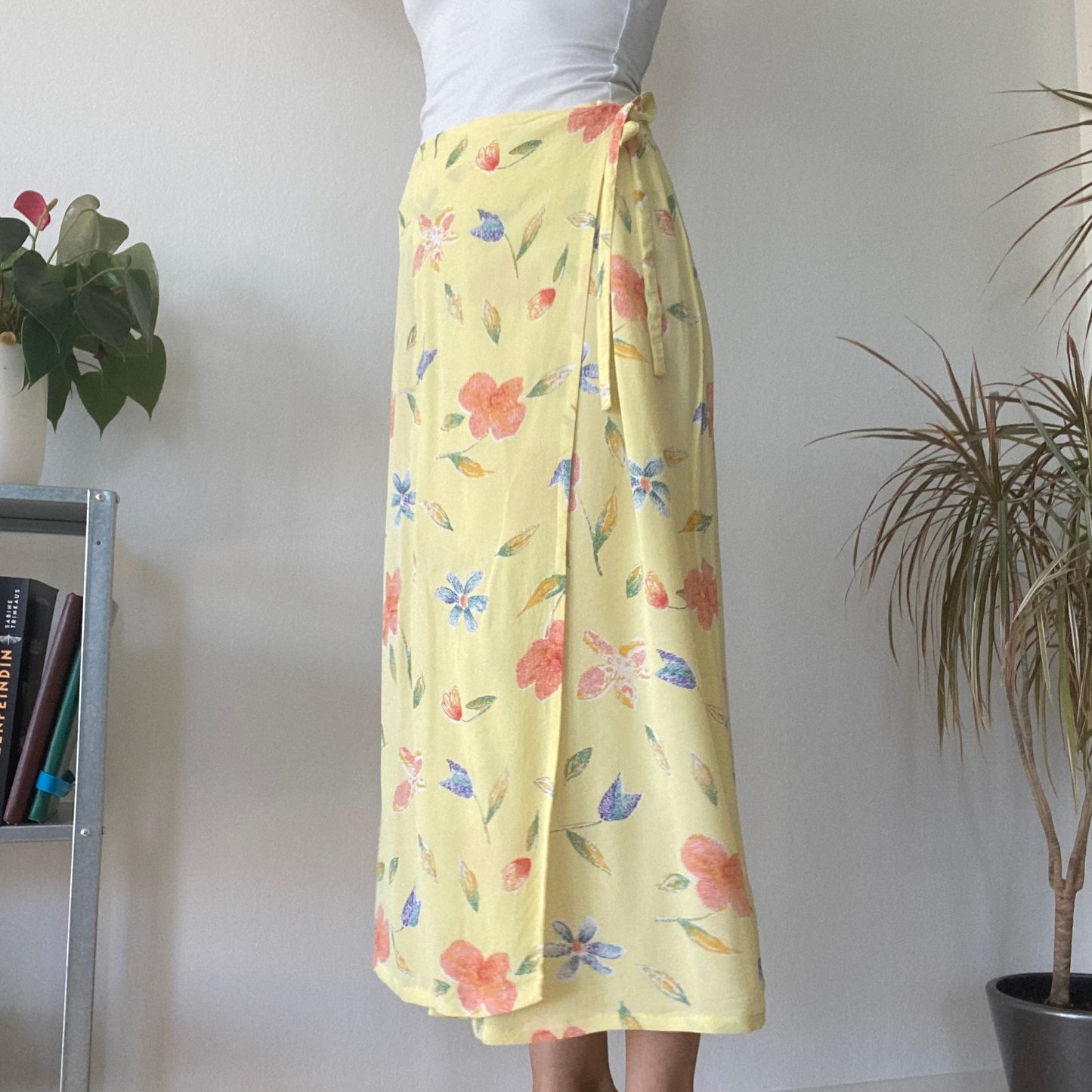 Yellow Floral Wrap Midi Skirt Summer Vintage Boho A Line Skirt